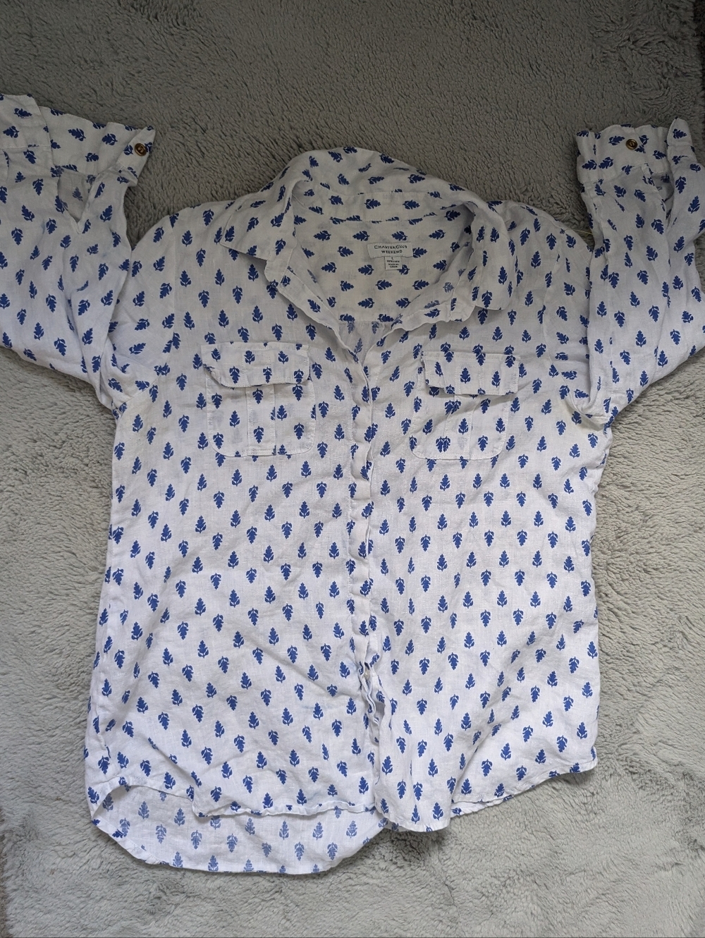 Charter Club Weekend 100% Linen Blue & White Leaf Button Up | Large